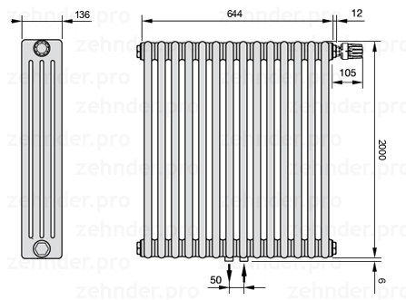 Схема (чертеж) Радиатор Zehnder Charleston 4200/14 №V008 Белый глянцевый RAL 9016